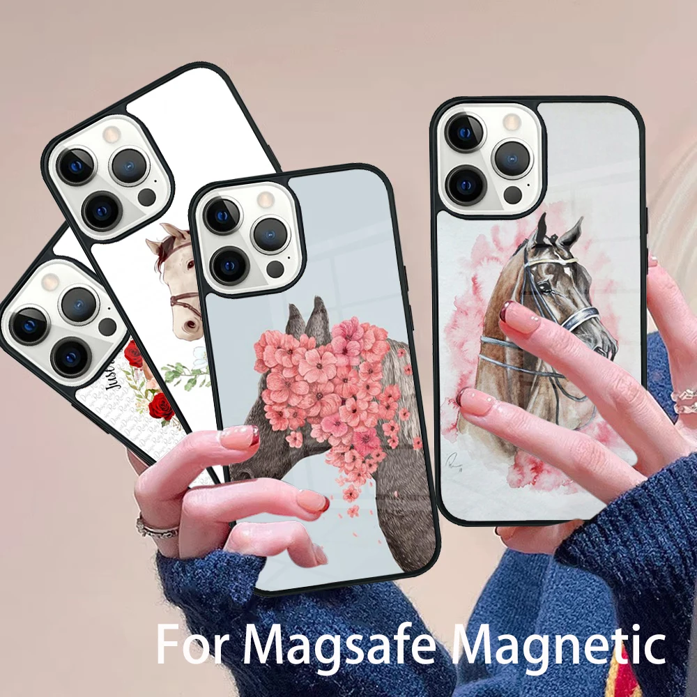 

Horse Watercolor Flowers Phone Case Magesafe Magnetic Wireless Charge Cover For IPhone 16 11 12 13 14 15 Pro Max Plus Mini