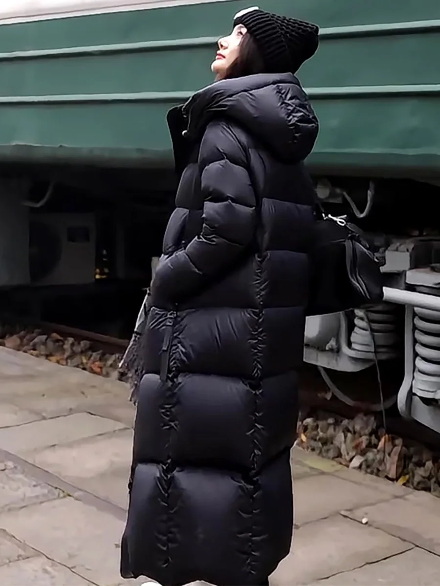 

Женская удлиненная пуховая куртка с капюшоном, утепленная, теплая верхняя одежда, черная, из перьев, до колена, зимняя, новая, повседневная, прямого кроя