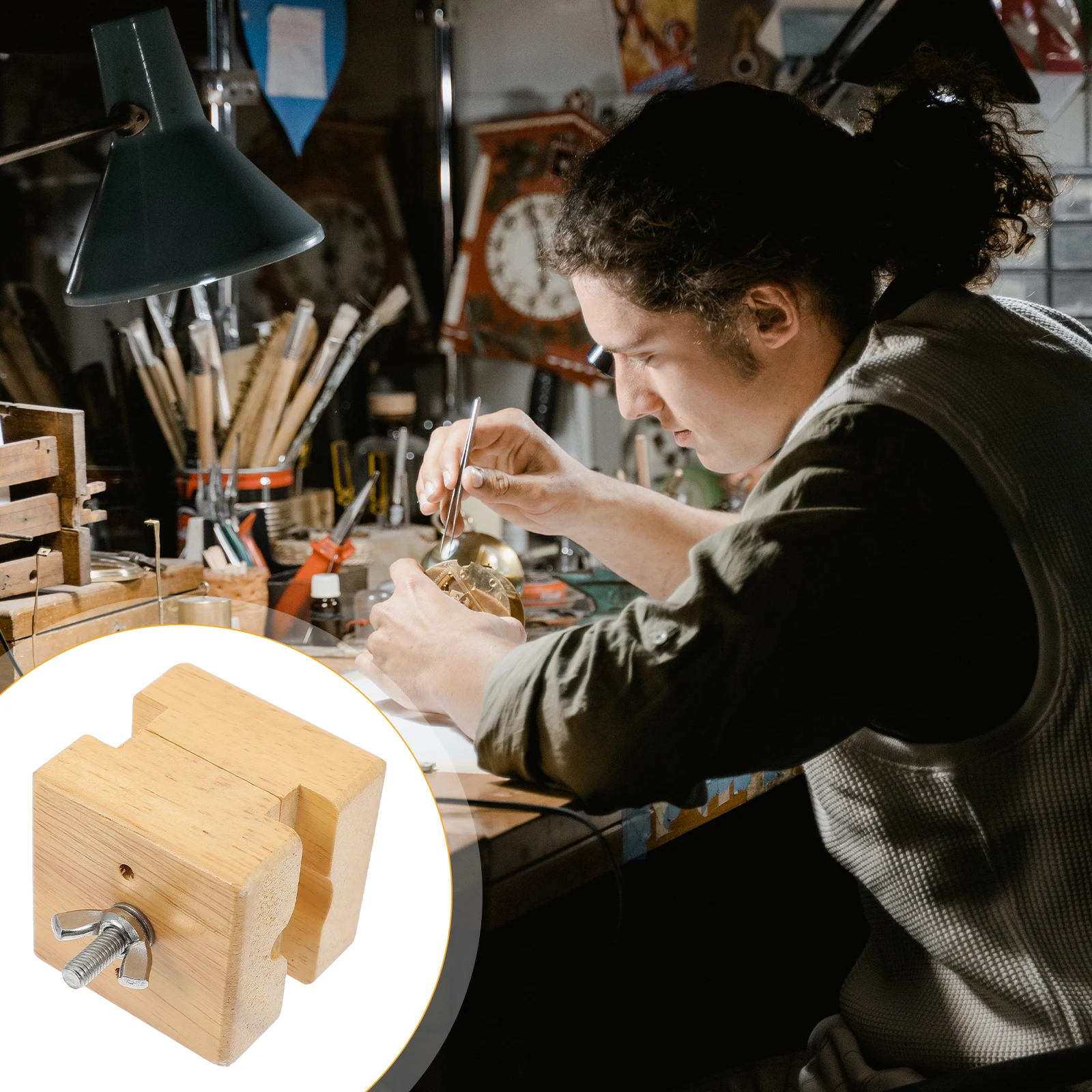 

Wooden Watch Vise Clamp Repair Tool Durable Compact Design Safe Removal Case Back Adjustable Screw Fits Watches Vise Holder