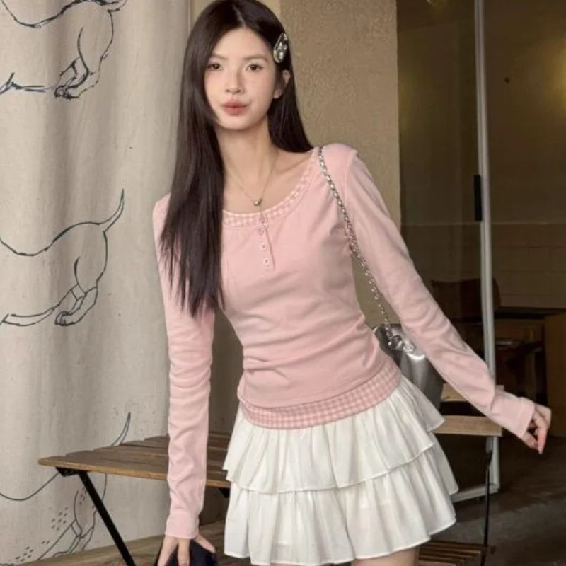

Korean Style Cotton Women T-Shirt Spring Summer Sweet Fake Two Piece Plaid Design Slim Fit Long Sleeve Solid Color Top