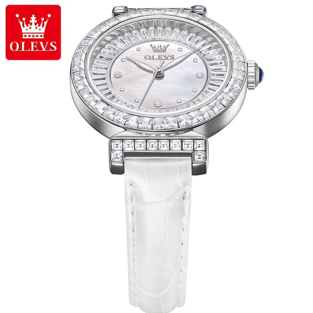 OLEVS 9983 Full Diamond Quartz Watch for Women Leather Strap Waterproof Luminous Clock Luxury Elegant  Ladies Dress Wristwatches