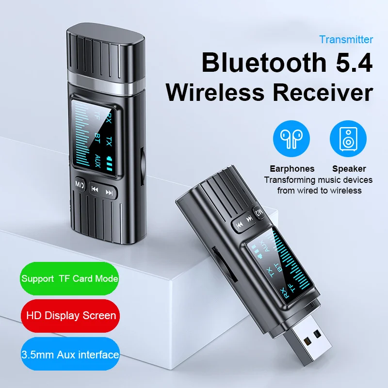 Receptor USB Digital HD con pantalla Bluetooth 5,4, adaptador auxiliar de Audio estéreo de 3,5mm, Dongle USB inalámbrico para TV Box, ordenador, reproductor de coche