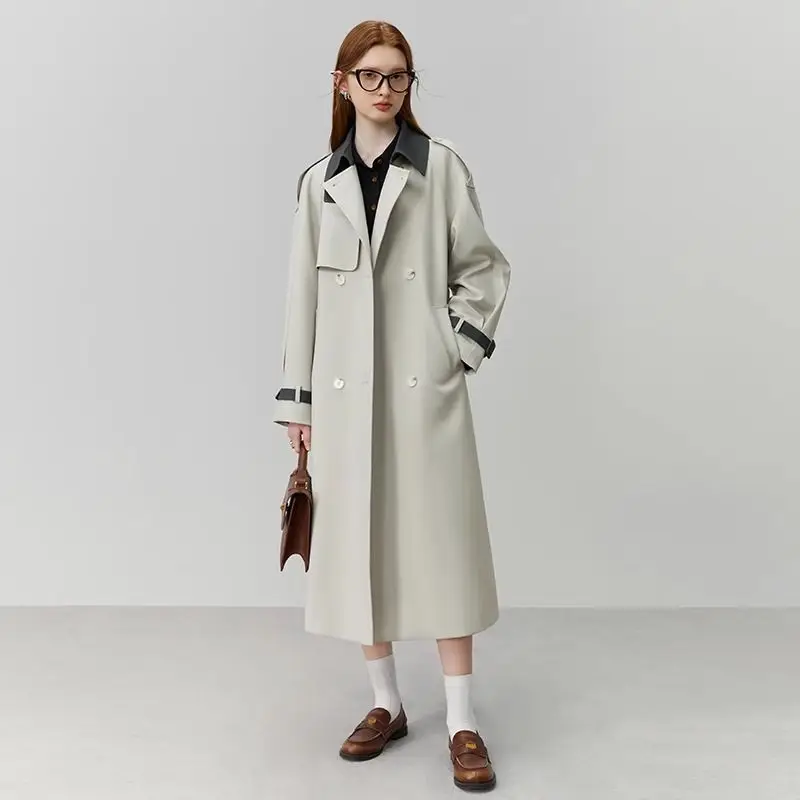 

2025 женский плащ с британскими лацканами, длинный свободный двубортный корейский стиль, весенне-осенняя модная верхняя одежда