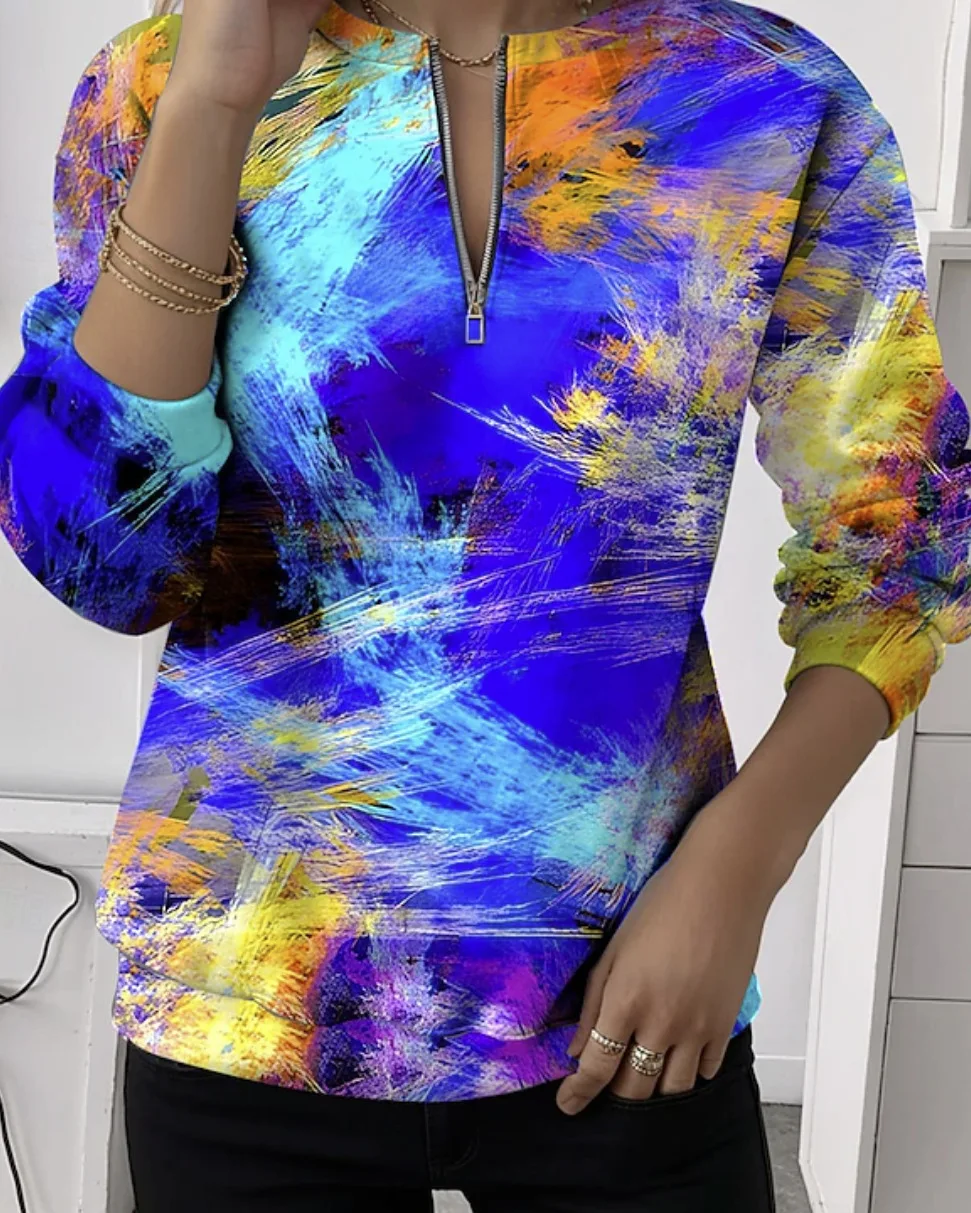 2026 Autumn Women's New Color Splashing Ink Brushing Effect Printed Casual Top, Artistic Abstract Casual Style