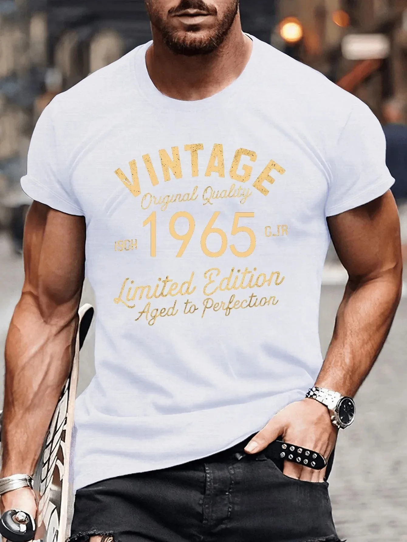 American Men's Summer Personalized Retro Letter 1965 Printed Micro Elastic Breathable Round Neck T-Shirt Outdoor Casual Top
