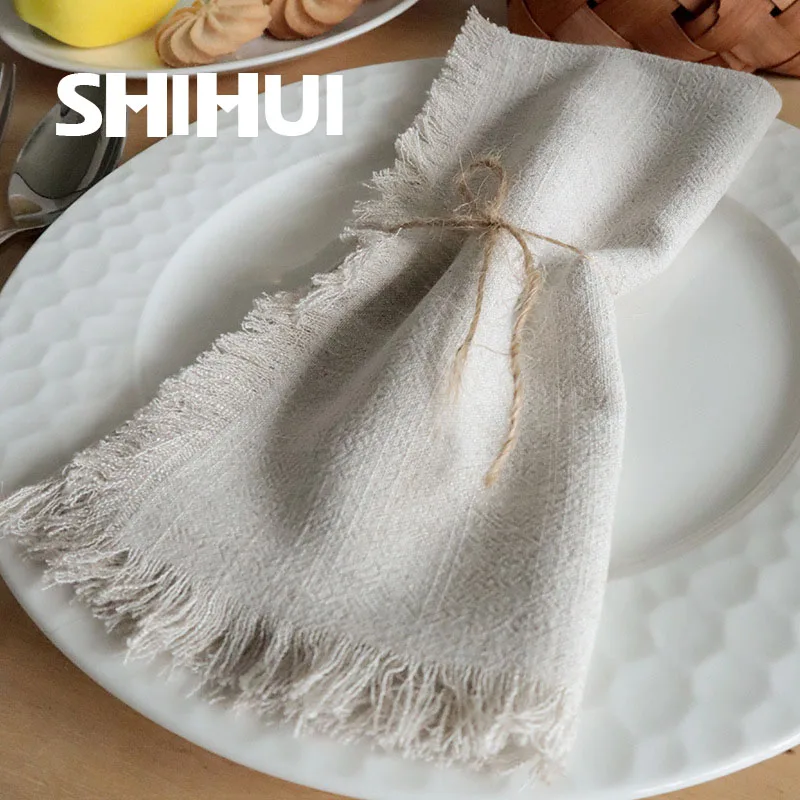 Cotton Linen Table Plates Handkerchief Cloth Fiberflax Tassels Fabric Napkins 45x45cm For Hotel Wedding Party Event Decoration