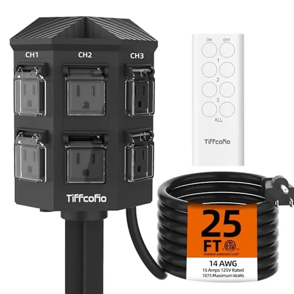 

Remote Controlled Outdoor Power Strip 25FT Extension Cord Waterproof 6 Grounded Outlets CH1 CH2 CH3 Independent Control Heavy