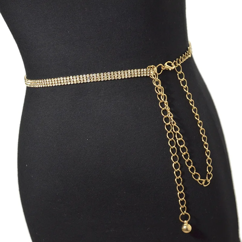 Korean Fashion Women's Belt Rhinestone Metal Waist Chain Sweet Three Rows Inlaid Metal Decorative