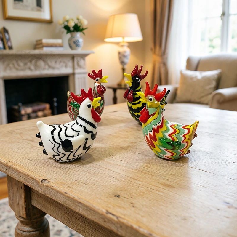 Handmade Murano Glass Chicken Figurine - Cute Animal Small Statue Ornament for Home Tabletop Indoor Room Decor Craft Collection