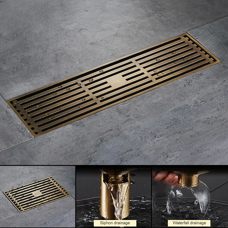 

Euro Style Antique Brass Bathroom Linear Shower floor Drain 8*20cm/8*30cm Wire Strainer Art Carved Cover Waste Drainer ELD211