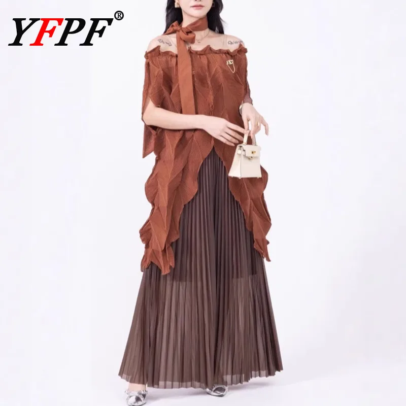 

YFPF Miyake плиссированный модный женский комплект из двух предметов, асимметричный дизайн, бандажные топы + широкие брюки, повседневная новинка 2025, одежда