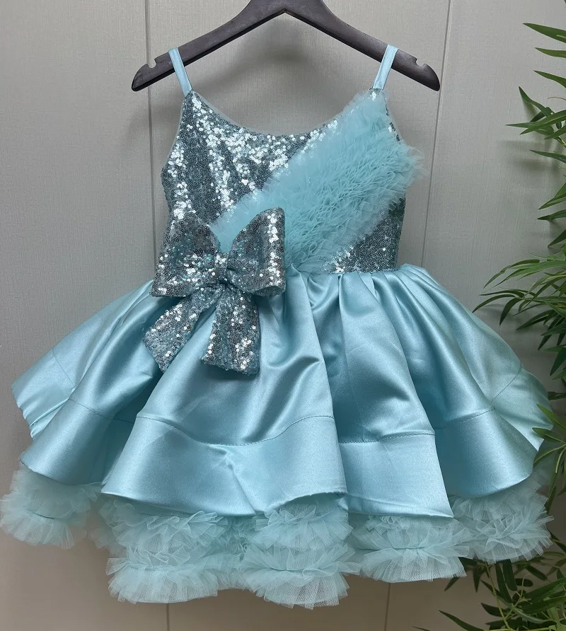 New Girl Princess Dress Birthday Party Stage Performance Blue Suspender Sequin Bow Elegant Girls Evening Dress