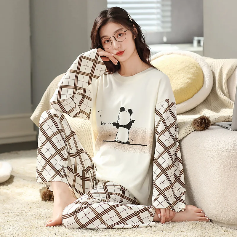 

100% Cottton Women Pajamas Set Spring and Autumn Long Sleeve Leisure Pijamas Female Cute Cartoon Pajamas