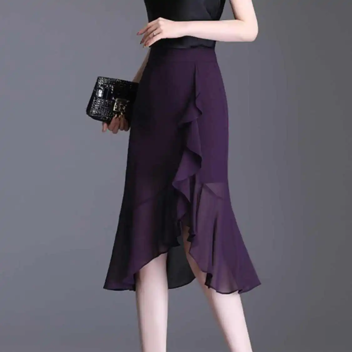 

2025 Spring Summer New All-match Fashionable High Waist Irregular A-line Skirt Ladies Office Lady Solid Color Ruffles Skirts