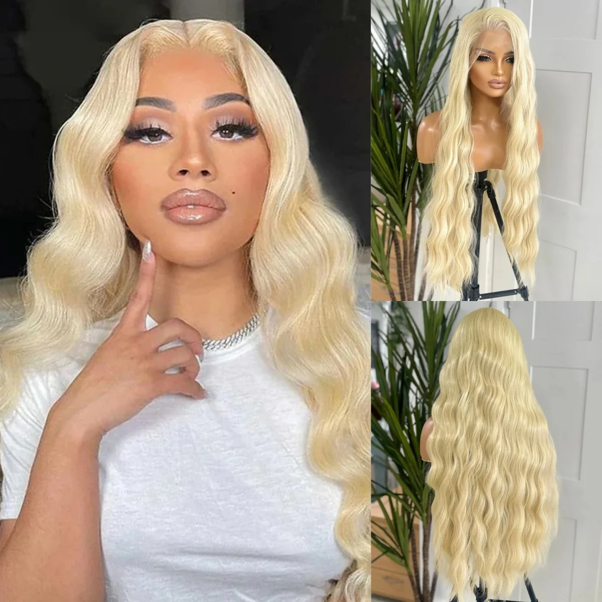 

Синтетические парики 613 блонд с длинными волнистыми волосами и кружевной передней частью 13x4 HD, теплый блонд, с эффектом предварительной прически, для повседневного использования и косплея