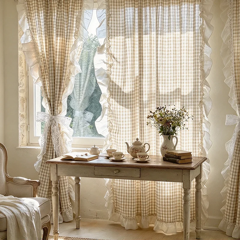 1Piece French Retro Khaki Plaid Cloth Curtain with White Ruffled Lace For Living Room Bedroom Farmhouse Homestay Home Decor