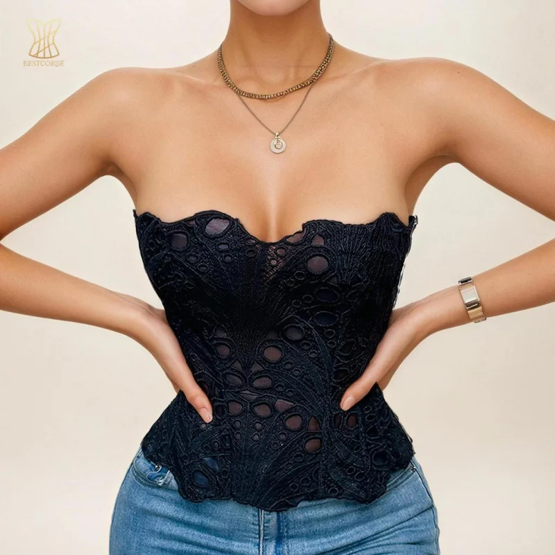 

Trendy Breathable Sexy openwork irregular lace mesh corset top korset Bustier black strapless Crop Tops shaping tummy control