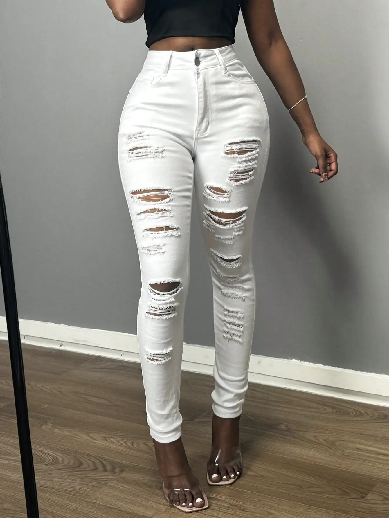 Women's High  Waisted Skinny Jeans 2025 Trendy Heavy Ripped Stretch Fabric Button  Front Ankle  Length Pants