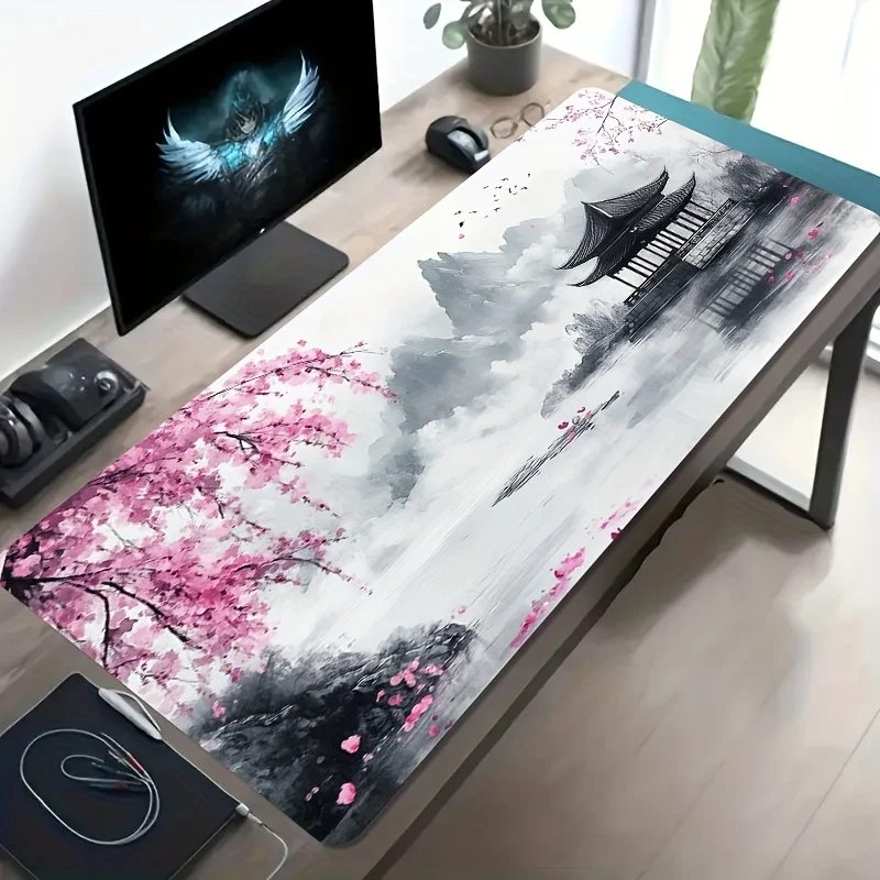 Ink Landscape Sakura Pavilion XXL Gaming Mouse Pad Chinese Art Desk Mat Non Slip Washable Rubber Base PC Laptop Gift
