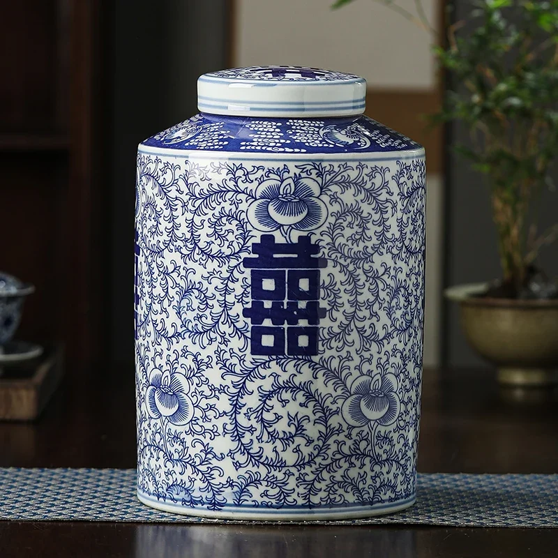 Cylindrical Basket Flower Winding Vase Ceramic Sealed Storage Jar Blue and White Porcelain Countertop Vase Decoration Jar Gifts