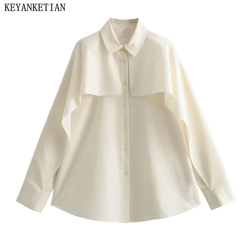 

KEYANKETIAN Winter New Women's Cascading Flounce Decoration Blouses Crop Top Office Lady Long Sleeve Single Breasted Blouse