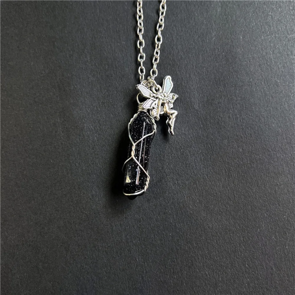 Cute Fairy Elf with Wings Wrapped Natural Luminous Stone Crystal Column Pendant Necklace for Women Charm Jewelry Accessory Gift