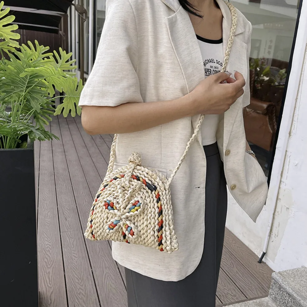 Straw Woven Shoulder Bag Messenger Bag Girl Travel Beach Bag Drawstring Bucket Bag Mini Key Lipstick Bag Coin Purse Bag