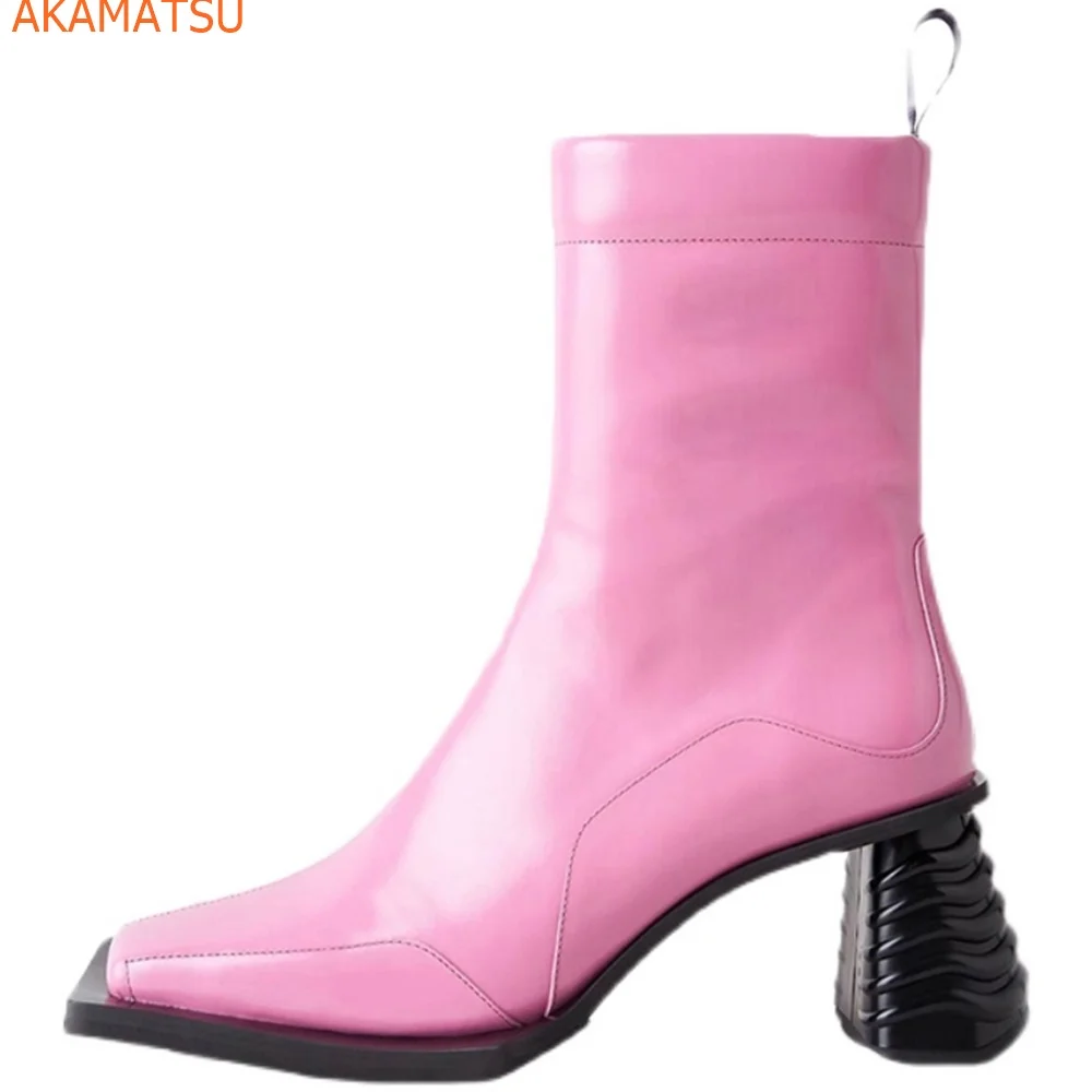 Dziwne stylowe Chelsea Boots kwadratowe noski masywne obcasy damskie buty z zamkiem błyskawicznym w połowie tuby jesienne damskie modne buty na