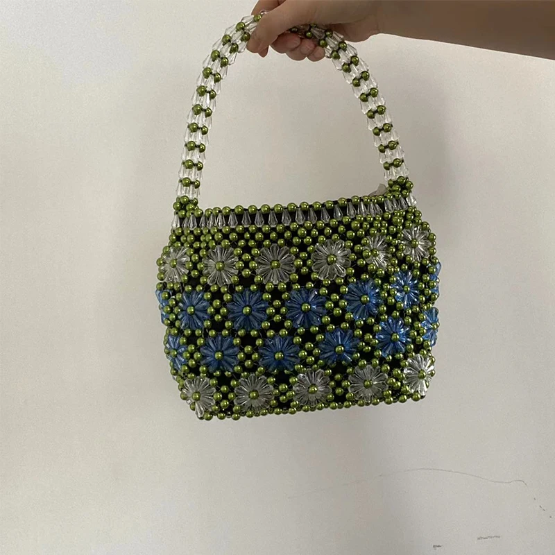 Vacation Beaded Evening Party Clutch Bag Women Luxury Handmade Woven Purses Handbag Fashion Ladies Flower Design Top-Handle 2023