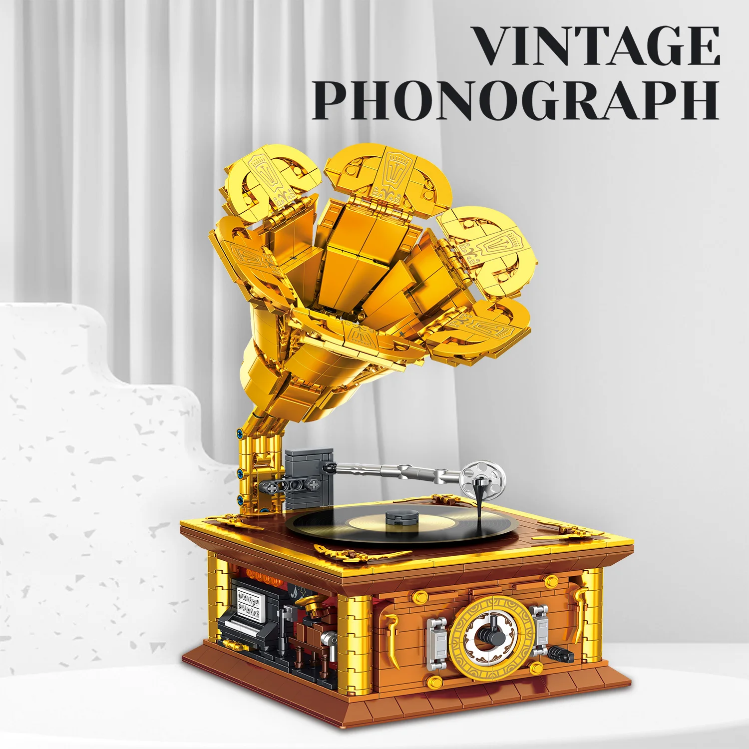 

Building blocks, retro phonograph, creative DIY model, home decoration ornament, The needle can swing
