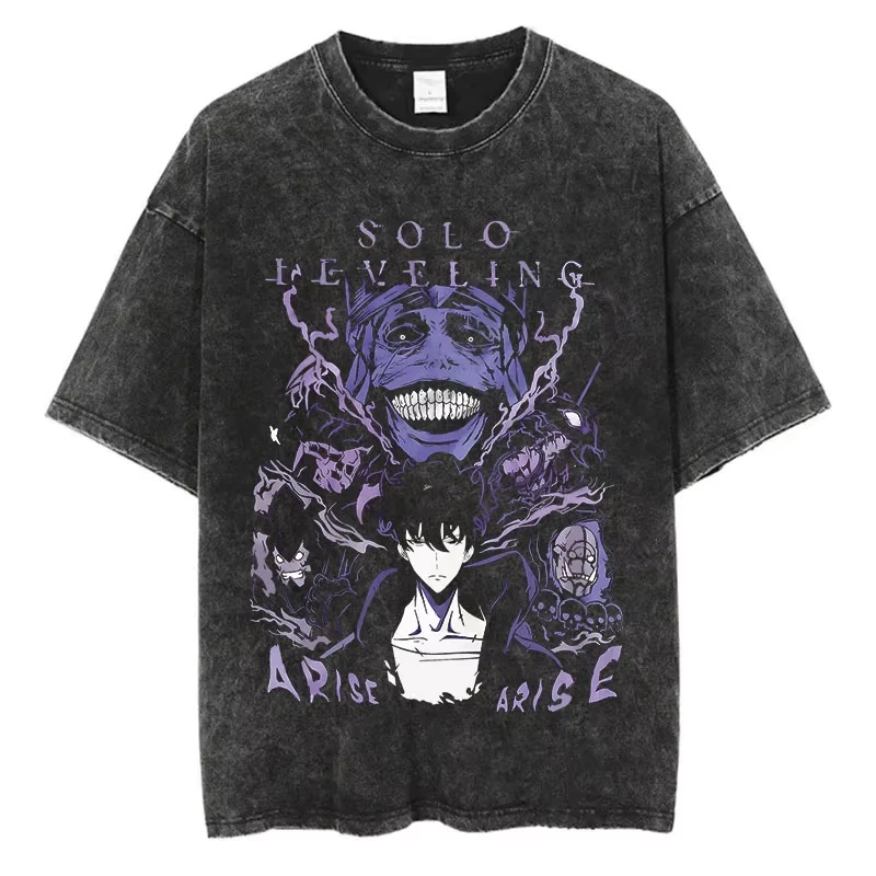 

Japanese Anime Solo Leveling Print Vintage Washed Tshirt Harajuku Streetwear Graphic T-Shirt Summer Short Sleeve Cotton Tshirt
