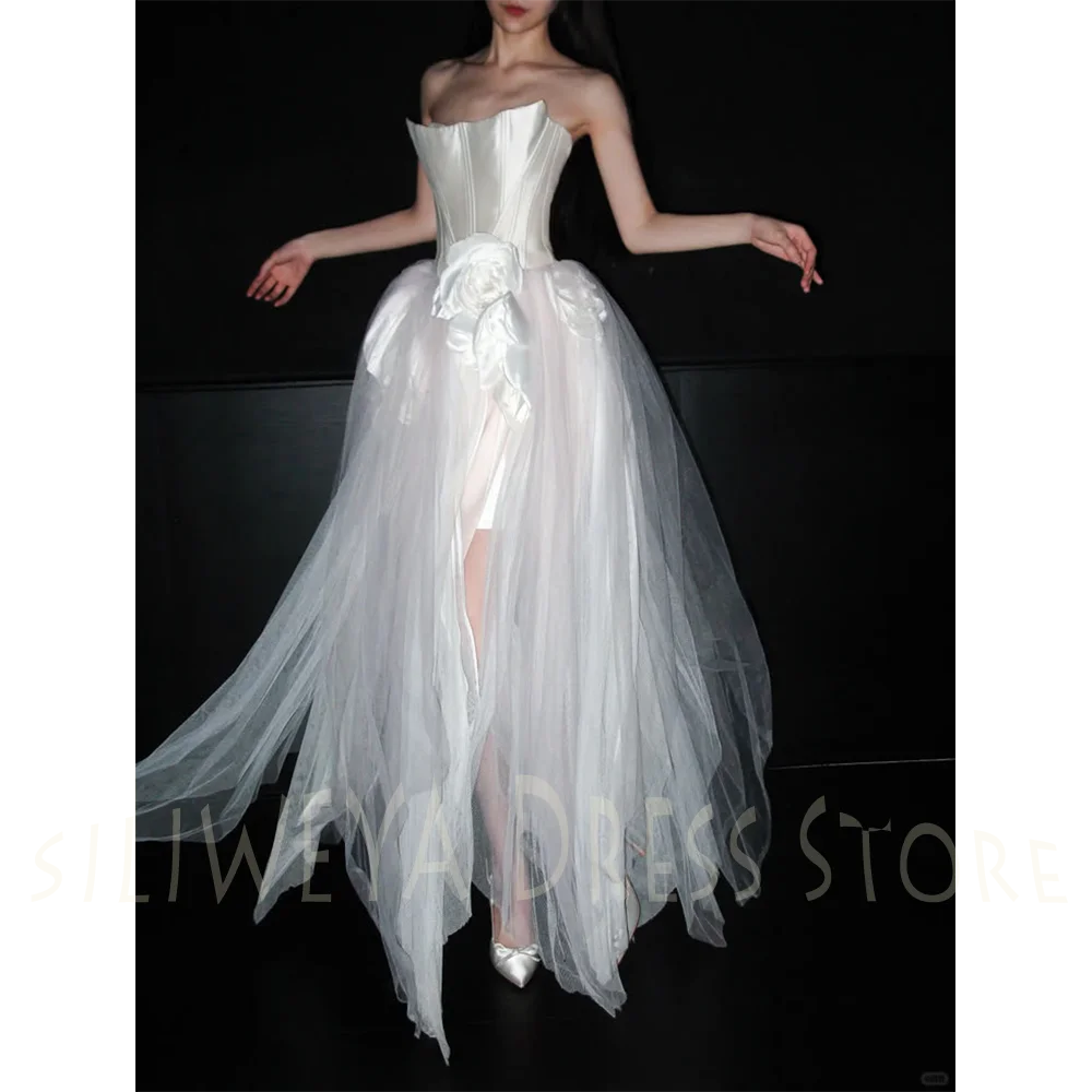 Elegant Strapless Women's Evening Dresses Satin Corest 3D Flower Irregular Tulle Maxi Dress Ceremony Bridal Wedding Gown