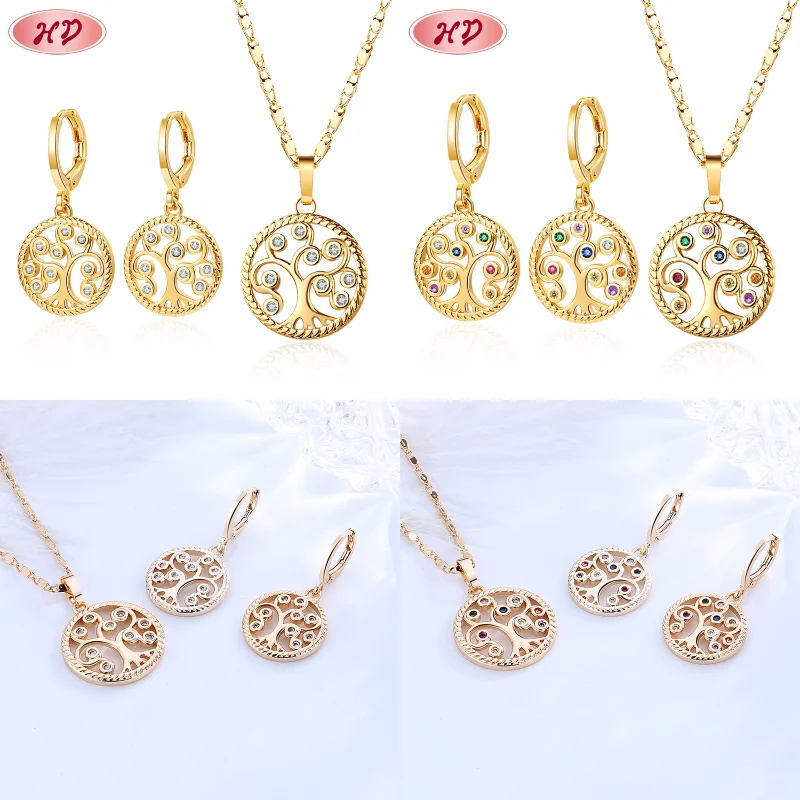 Tree Of Life Jewelry Set Of Shiny Zircon 18 K Gold Plated Earring And Necklace