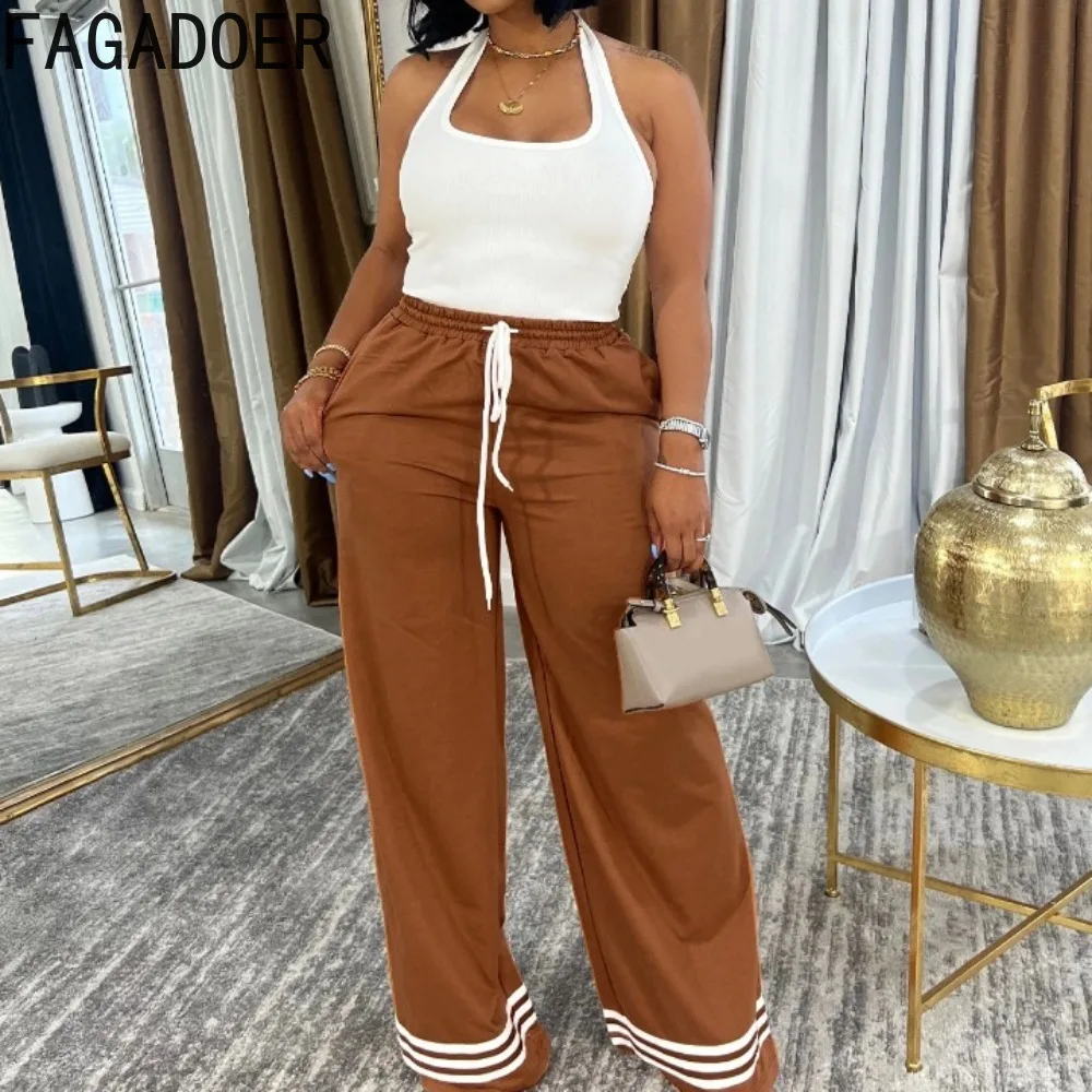 

FAGADOER Casual Stripe Stitching Printing Loose Wide Leg Pants Women High Waisted Pocket Straight Trousers Fashion Bottoms 2024