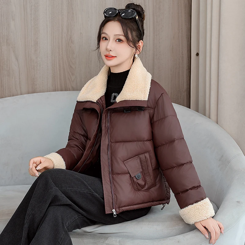 

Хлопковое пальто в стиле пэчворк с мехом ягненка, женское зимнее модное тонкое свободное хлопковое пальто, прямое хлопковое пальто на молнии, Clo...