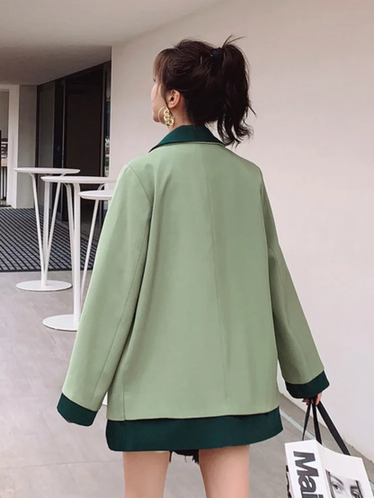 LANMREM Contrast Color Blazers For Women Notched Collar Long Sleeves Irregular Chic Pocket Coat 2024 Autumn New 2DA8381