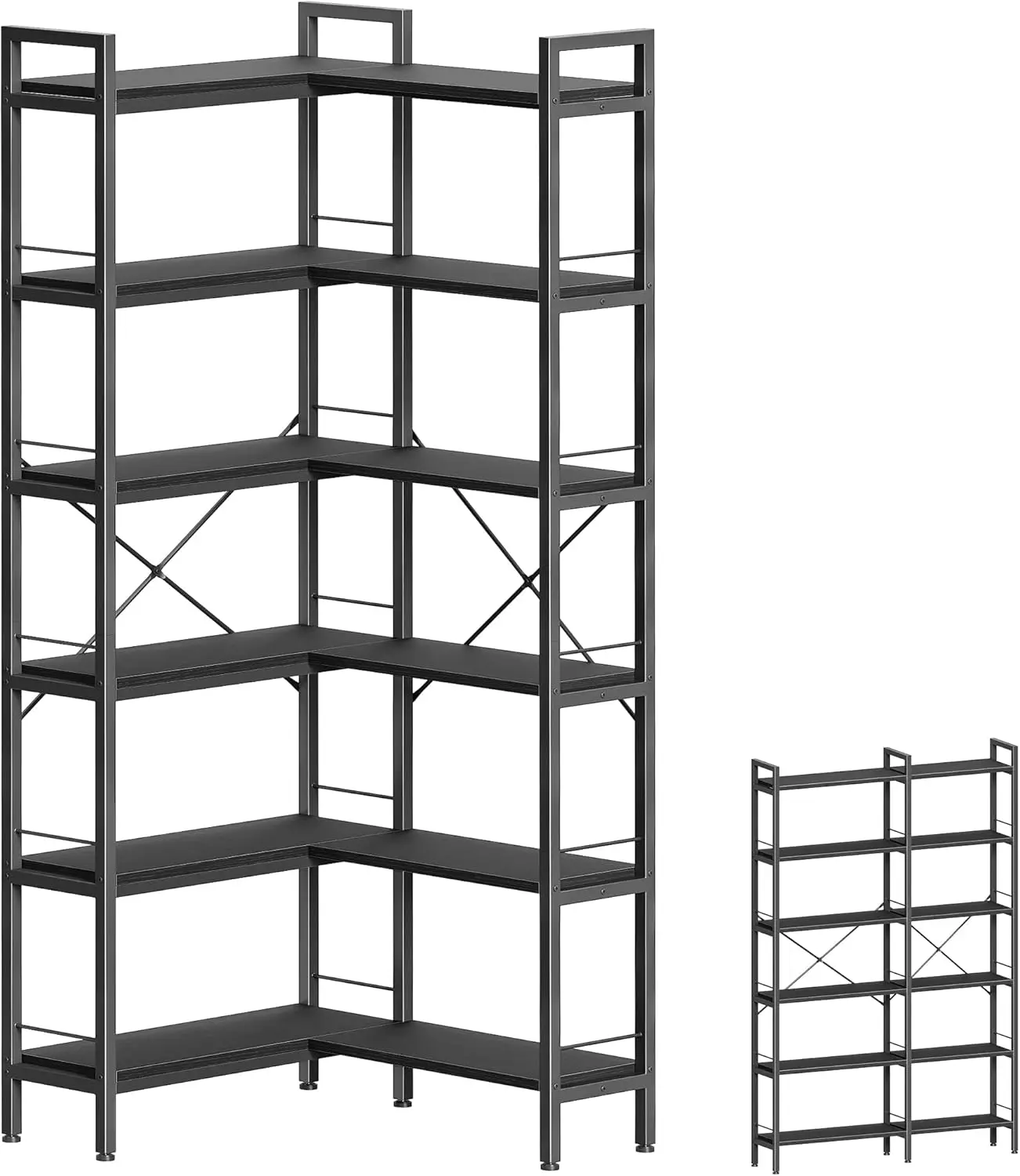

6-ярусная угловая книжная полка L-образной формы с регулируемыми ножками, металлическим каркасом и деревянными полками, черная