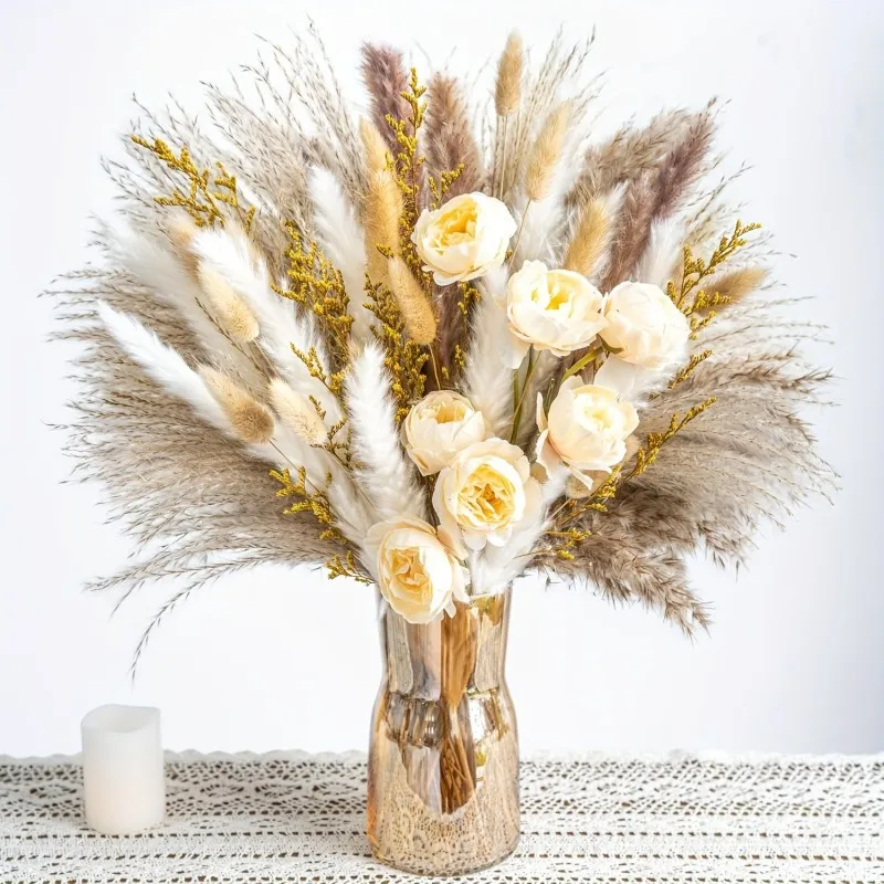 Image of 60 Stück Künstliche Pfingstrosen Getrocknetes Pampasgras Bouquet Boho Deko Mix Natürliche Blumen für Zuhause Tisch Rustikales Schlafzimmer Arrangement