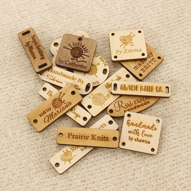 Custom Wood Tags, Knitting Labels, Wooden Buttons, Crochet Label, Laser Engraved, Handmade Products