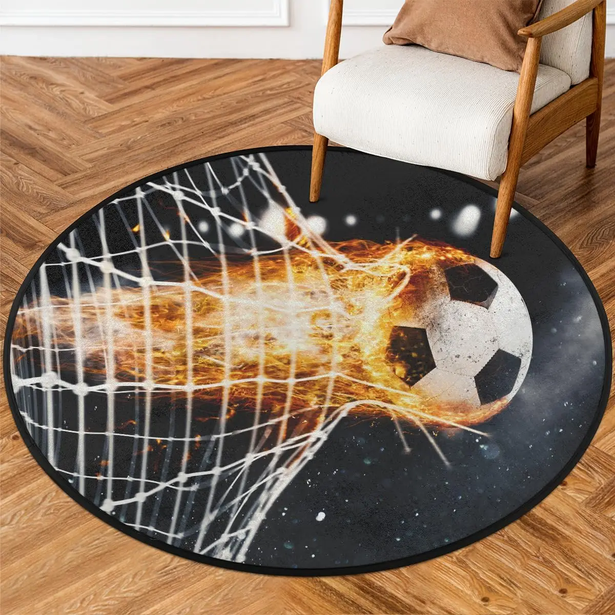 Football Fireball Scoring A Goal Online Round Rug,Washable Soft Circular Floor Mat, Non Slip Low Pile Area Rugs for Kids Bedroom