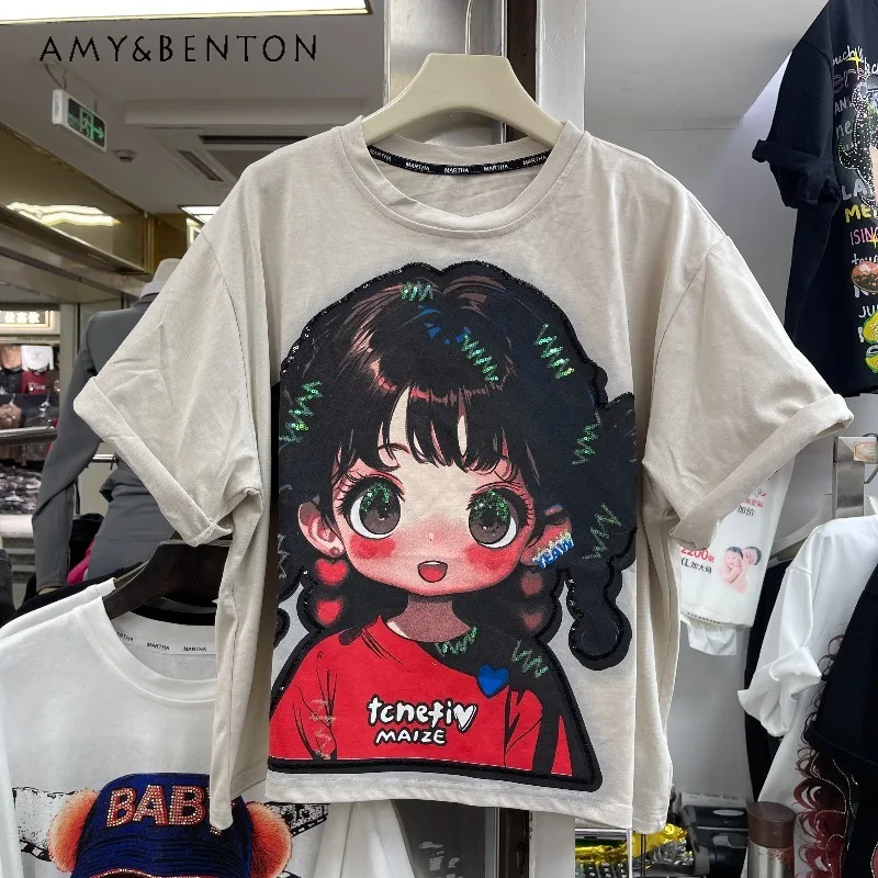 

Sweet Cute Loose Slimming Top T-shirt American Casual Retro Rhinestone Little Girl Short Sleeves Tshirts Pullover Kawaii Clothes