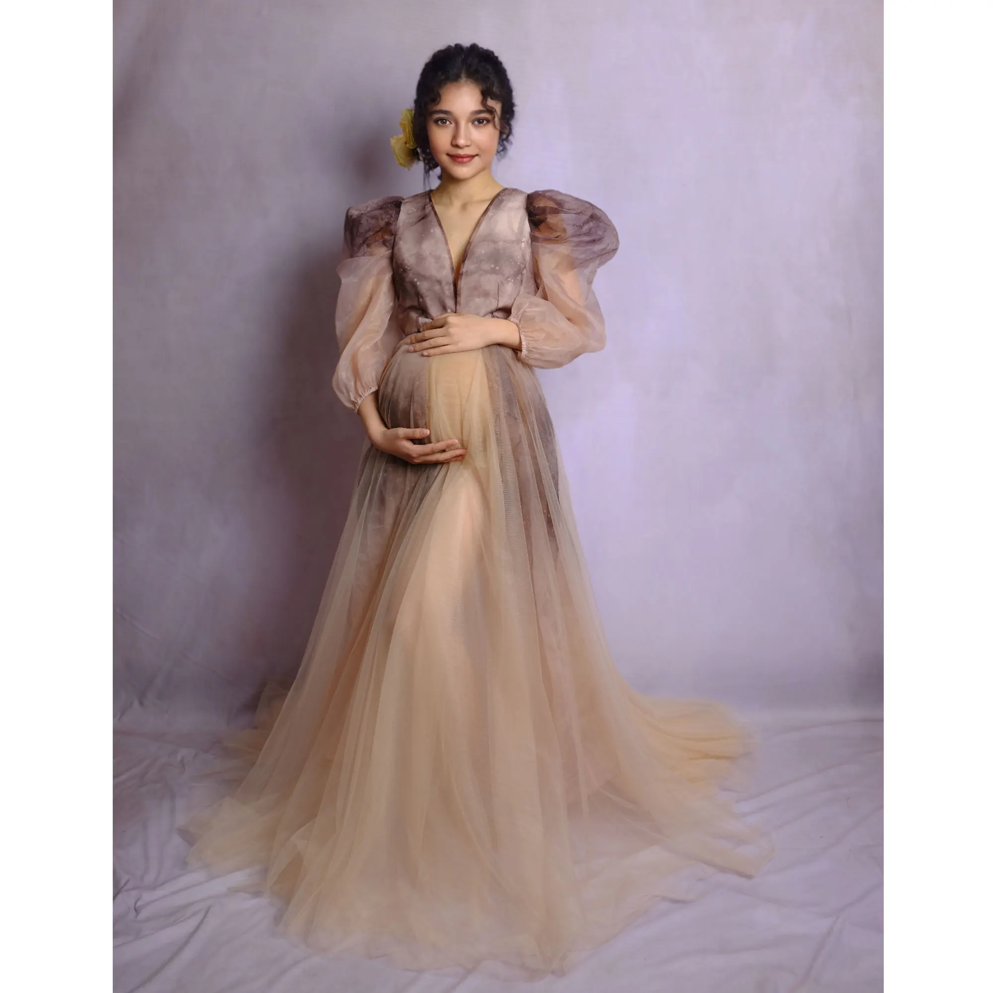 

Don&Judy Organza Puff Sleeve Maternity Photography Dresses Party Evening Formal Occasions Gown V-neck Pregnancy Photo Shoot Maxi