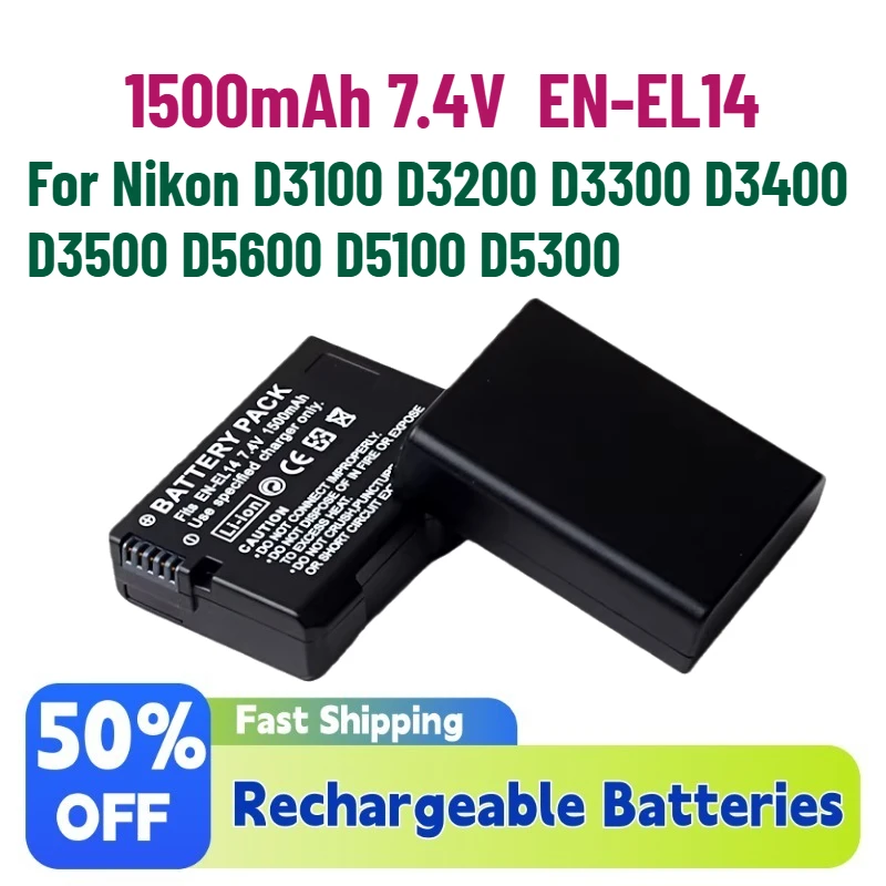 

New In Stock 1500mAh 7.4V EN-EL14A EN-EL14 Rechargeable Battery Pack for Nikon D3100 D3200 D3300 D3400 D3500 D5600 D5100 D5300