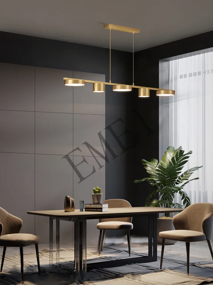 Restaurant dining room all copper strip minimalist window dining table bar chandelier
