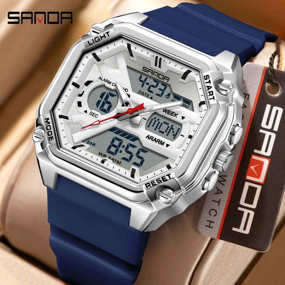 SANDA Men's Dual Display Sports Wristwatch LED Luminous Chronograph 5Bar Waterproof TPU Strap Outdoor Student Watch for Men