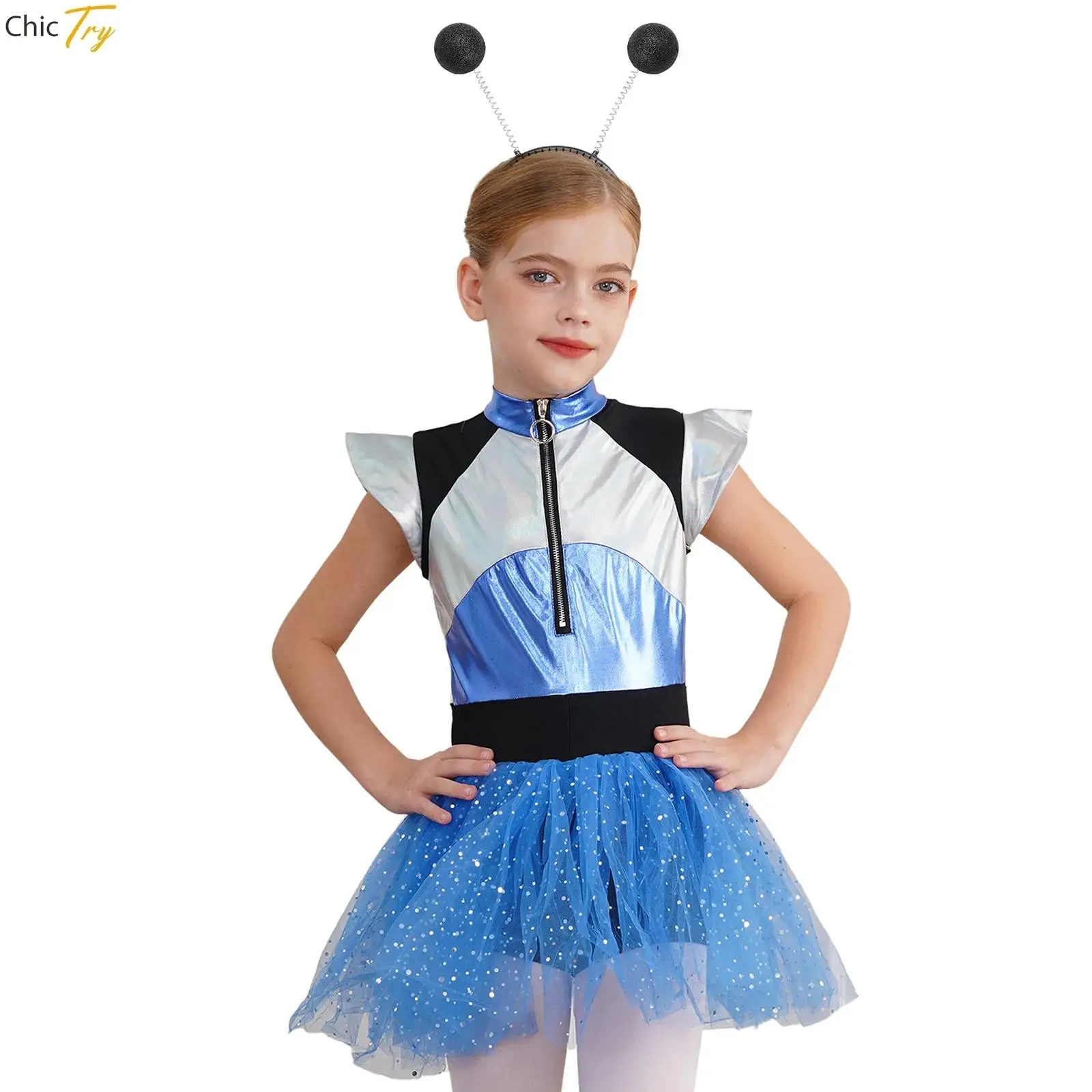 Ragazze Spazio Cadetto Alieno Astronauta Halloween Robot Costume Cosplay Festa a tema Abiti di Halloween Gonna in tulle con paillettes Tuta