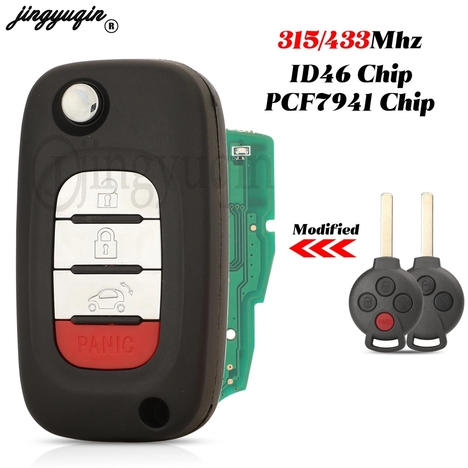 

jingyuqin Modified For Mercedes Benz Smart Fortwo 2007-2015 Flip Smart Remote Car Key 315Mhz 433MHz ID46 PCF7941 Chip FOB 4BNT