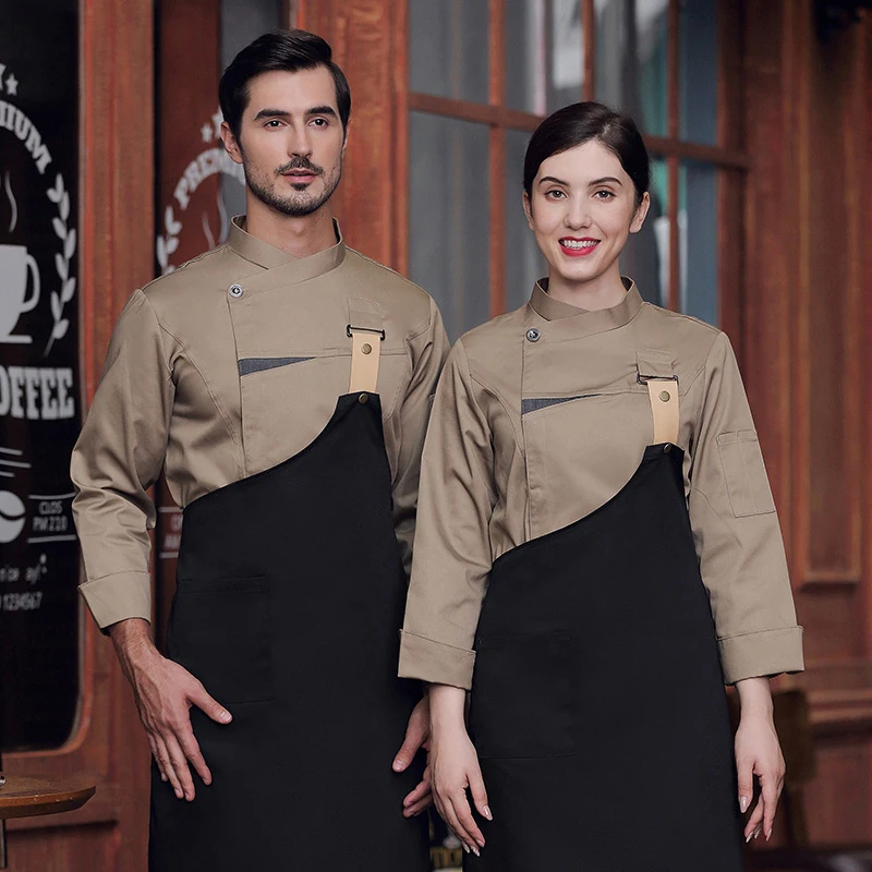 Uniforme de Chef con delantal, chaqueta de Chef de manga larga de alta gama, uniformes de Chef de panadero de restaurante occidental de Hotel, abrigo de trabajo de Catering de comida
