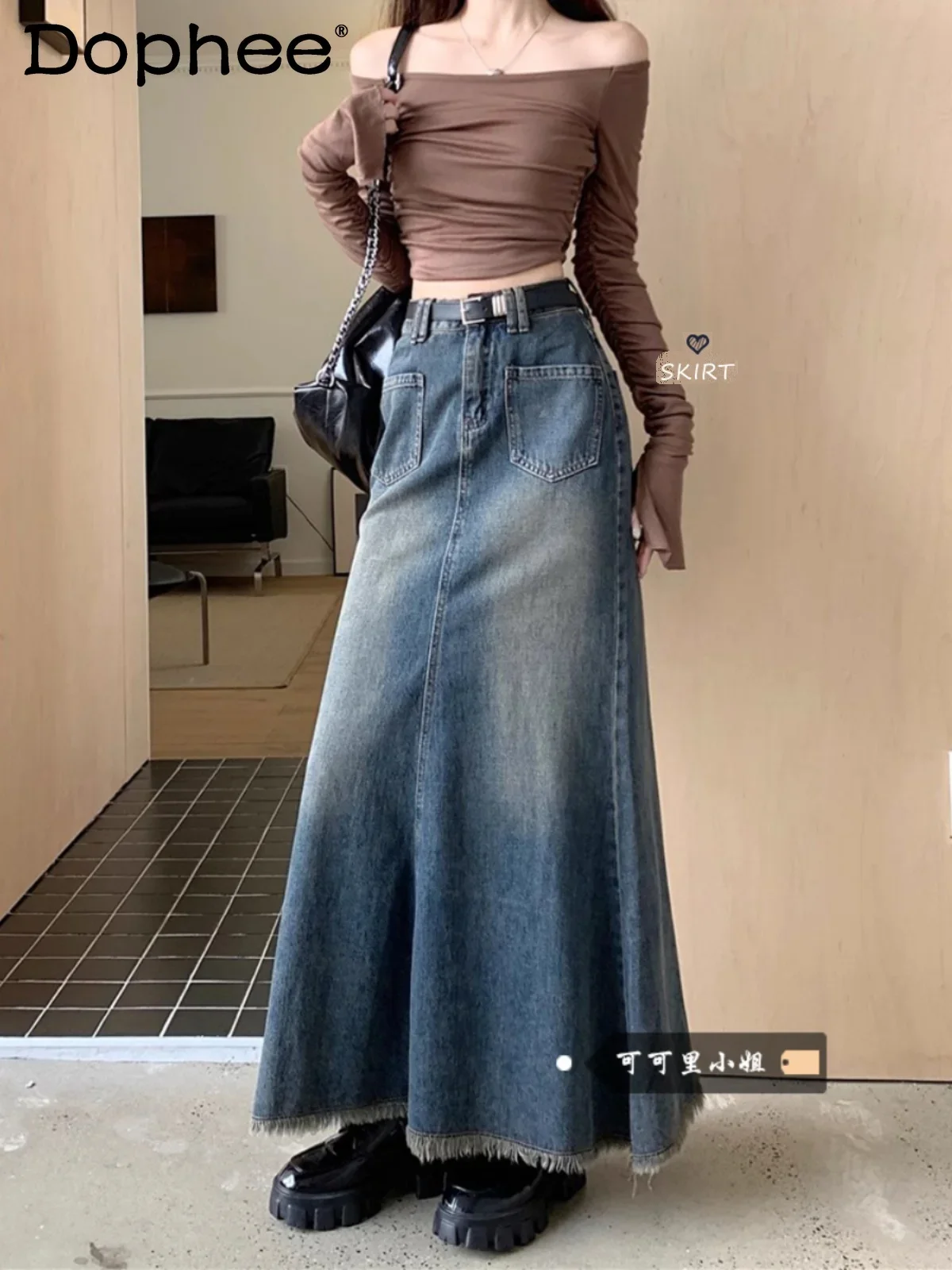 

Retro High Waist Pocket Design Sense Rough Edge Skirt Women 2024 Early Autumn New Old A-shaped Skirt Fishtail Long Skirt Female