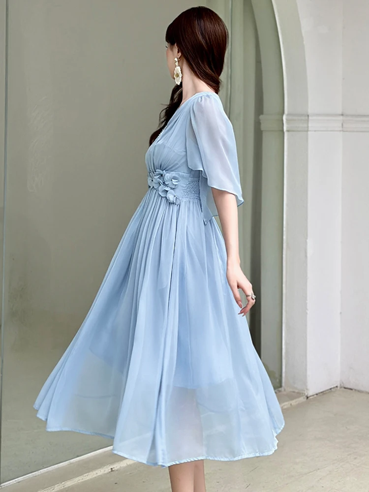 Dameskleding Fee Celebrity Vakantie Jurk Dames Mooie Blauwe Chiffon Bloemen Swing Gewaad Vrouwelijke Vakantie Feest Prom Vestidos